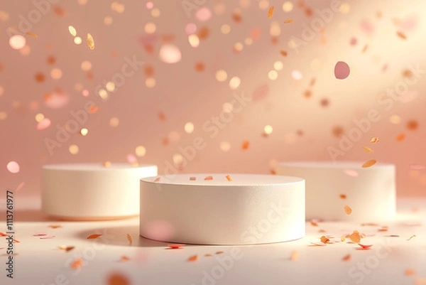 Obraz Saint Valentin's 14 February concept, Luxury background for branding and product presentation. pink  color podium with confetti and bokeh, festive holdiay advert concept...