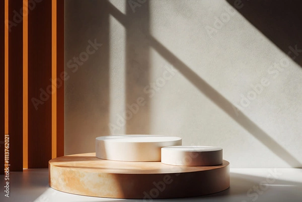 Obraz set of Luxuries podiums for branding and product presentation. Natural color podiums, copyspace, natural lighting with shadows