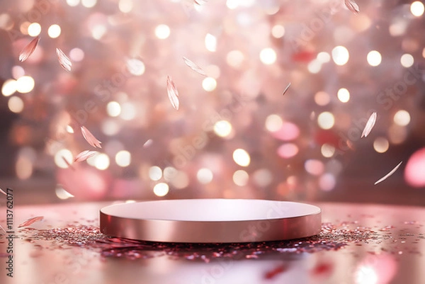 Obraz Luxury background for branding and product presentation. pink  color podium with confetti and bokeh, festive holdiay advert concept...