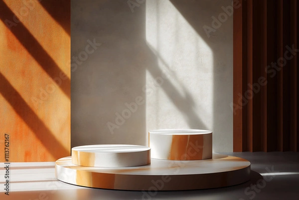 Obraz set of Luxuries podiums for branding and product presentation. Natural color podiums, copyspace, natural lighting with shadows