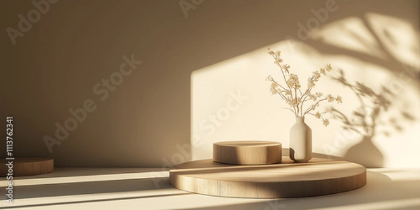 Obraz set of Luxuries podiums for branding and product presentation. Natural color podiums, copyspace, natural lighting with shadows