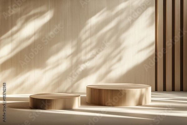 Obraz Minimalistic danish style, set of Luxuries podiums for branding and product presentation. Natural color podiums, copyspace, natural lighting with shadows