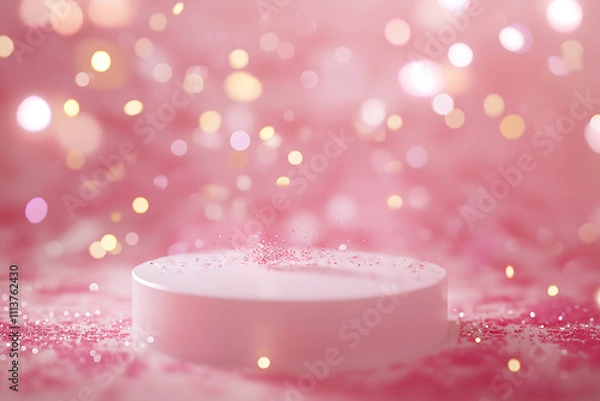 Obraz Luxury background for branding and product presentation. pink  color podium with confetti and bokeh, festive holdiay advert concept, 14 February