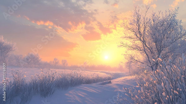 Obraz Frosty winter landscape with trees on the meadow at sunset, Breathtaking panoramic view of snow-covered field after a blizzard. Lapland, Finland, Sunset, setting sun, golden light, Winter wonderland
