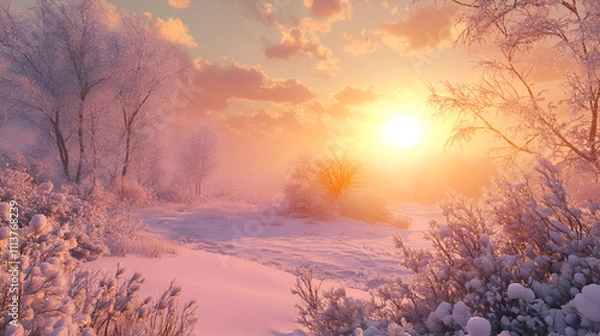 Obraz Frosty winter landscape with trees on the meadow at sunset, Breathtaking panoramic view of snow-covered field after a blizzard. Lapland, Finland, Sunset, setting sun, golden light, Winter wonderland
