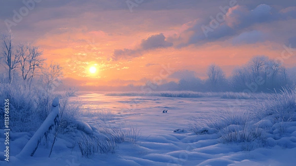 Obraz Frosty winter landscape with trees on the meadow at sunset, Breathtaking panoramic view of snow-covered field after a blizzard. Lapland, Finland, Sunset, setting sun, golden light, Winter wonderland
