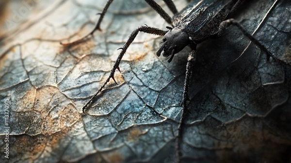 Fototapeta Dark Beetle Crawling on a Dried Leaf