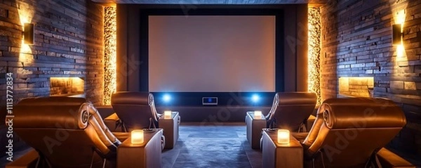 Fototapeta Reclining leather chairs in a modern home cinema with a large projector screen, surrounded by ambient lighting for a cinematic experience.