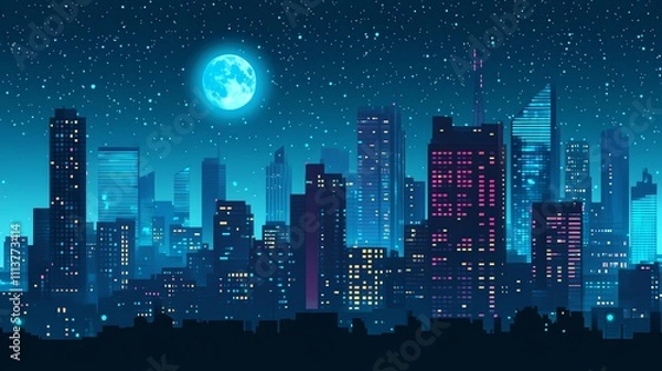 Fototapeta Night cityscape with a full moon and stars in the background.