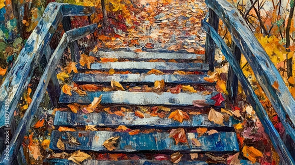 Obraz colorful foliage of trees in the autumn season the colors are yellow red and green of various deciduous trees, Autumn sunny day, steps of stairs in the old park, many fallen foliage