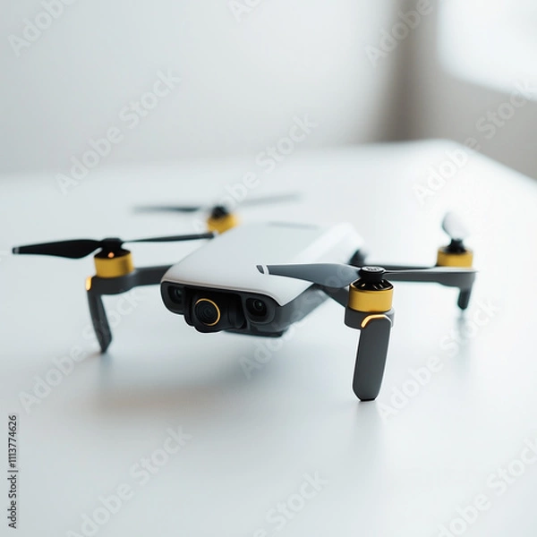 Fototapeta A compact, cutting-edge drone hovering slightly above a white surface.