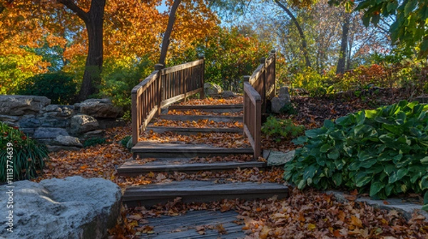 Obraz colorful foliage of trees in the autumn season the colors are yellow red and green of various deciduous trees, Autumn sunny day, steps of stairs in the old park, many fallen foliage