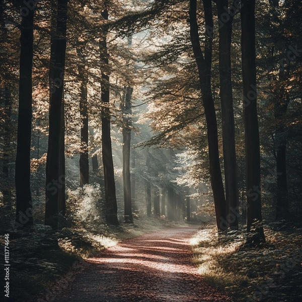 Fototapeta A tranquil forest path winding through tall trees, with sunlight filtering through the canopy, creating soft light on a white background.