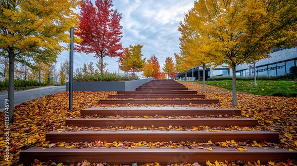 Obraz colorful foliage of trees in the autumn season the colors are yellow red and green of various deciduous trees, Autumn sunny day, steps of stairs in the old park, many fallen foliage