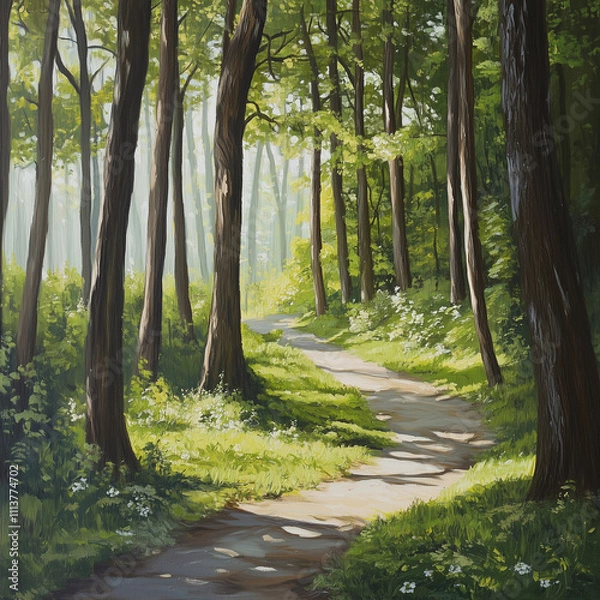 Fototapeta A tranquil forest path winding through tall trees, with sunlight filtering through the canopy, creating soft light on a white background.