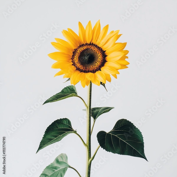 Fototapeta A close-up of a single blooming sunflower, standing tall against a white background.