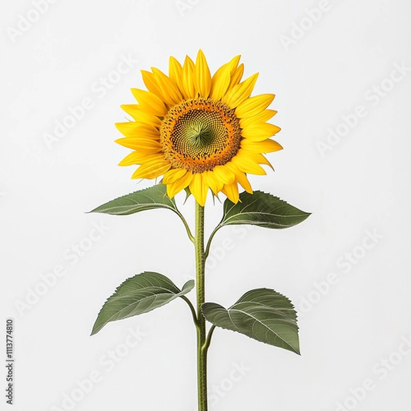 Fototapeta A close-up of a single blooming sunflower, standing tall against a white background.
