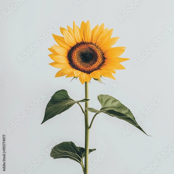 Fototapeta A close-up of a single blooming sunflower, standing tall against a white background.