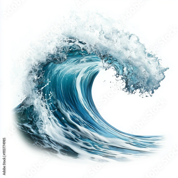 Fototapeta A curling ocean wave with frothy foam, isolated on a white backdrop.
