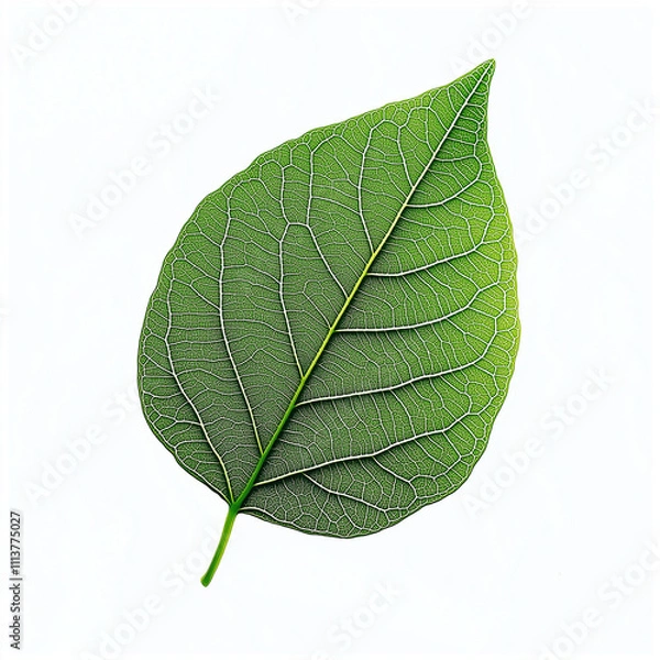 Fototapeta A single green leaf with detailed veins, floating in the center of a clean white background.