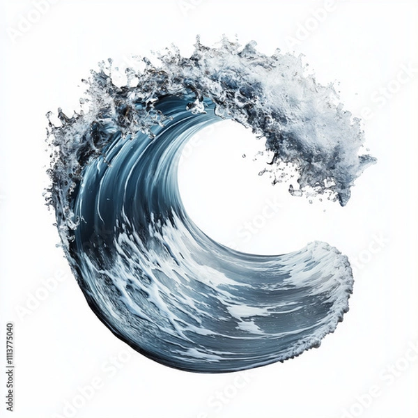 Fototapeta A curling ocean wave with frothy foam, isolated on a white backdrop.