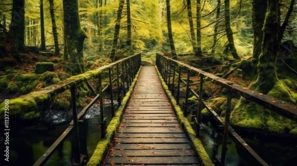 Fototapeta Wooden Bridge Through Mossy Forest