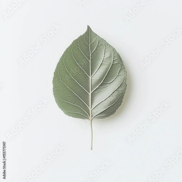 Fototapeta A single green leaf with detailed veins, floating in the center of a clean white background.