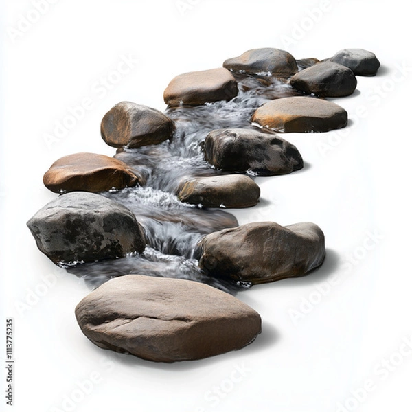 Fototapeta A flowing mountain stream with crystal-clear water running over smooth rocks, placed against a minimal white background.