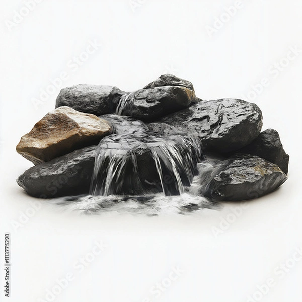 Fototapeta A flowing mountain stream with crystal-clear water running over smooth rocks, placed against a minimal white background.
