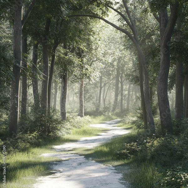 Fototapeta A tranquil forest path winding through tall trees, with sunlight filtering through the canopy, creating soft light on a white background.