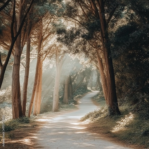Fototapeta A tranquil forest path winding through tall trees, with sunlight filtering through the canopy, creating soft light on a white background.