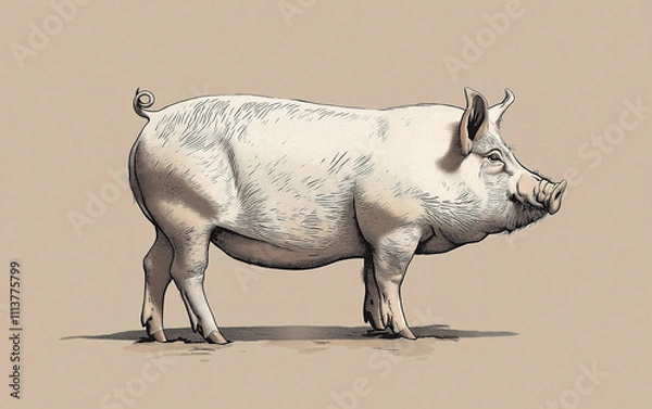 Obraz Pig, hog, boar. Vintage retro print, black white pig sketch ink pencil style drawing, linear drawing, engrave old school. Sketch artwork silhouette pig, hog, boar. Side view profile. Illustration