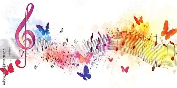 Obraz A colorful background with musical notes and a treble clef.
