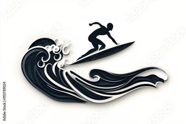 Obraz Black linear logo of surfer with surfboard riding a the waves. Vintage monogram. Art emblem, isolated on a clean white background. Minimalism style with abstract design elements. Generated by AI