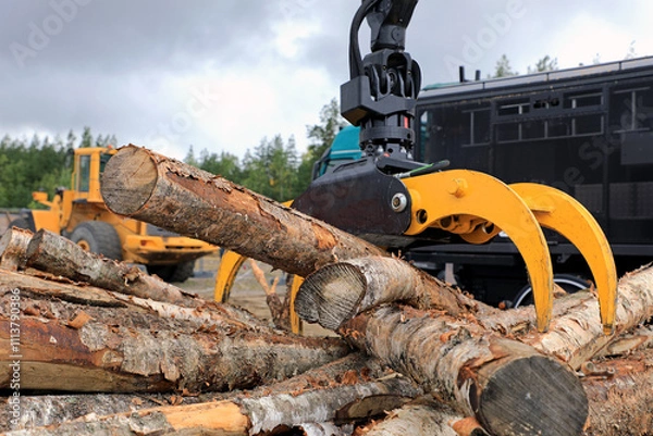 Obraz Log loader grapple attachment unloads wooden logs at a work site with heavy machinery on the background.
