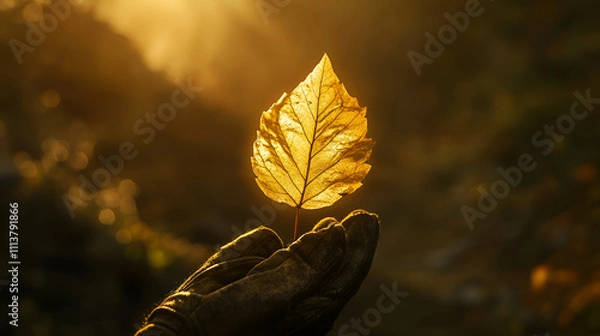 Obraz A yellow autumn leaf suspended in the air over the forest floor, Vibrant autumn foliage backlit by golden sunlight generated by artificial intelligence, autumn leaves on the background of the rays 