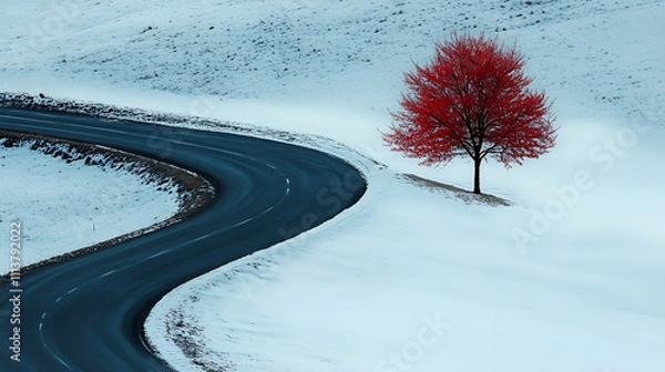 Obraz a lone red tree in the middle of a snowy field, the ebony tree stands alone on the snowfield, bathed in the faint red morning light, its dark silhouette contrasting beautifully with the winter wonder
