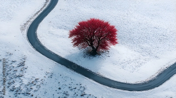 Obraz a lone red tree in the middle of a snowy field, the ebony tree stands alone on the snowfield, bathed in the faint red morning light, its dark silhouette contrasting beautifully with the winter wonder
