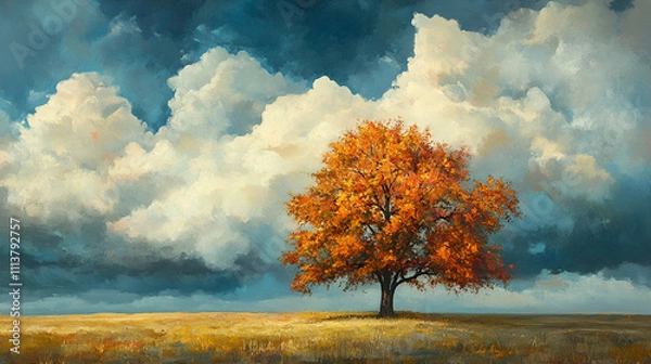 Obraz Autumn landscape with a big tree and yellow leaves, 3d rendering, colors flora autumn background, fluffy sprawling tree in field during autumn leaf fall, Autumn tree on blue sky background
