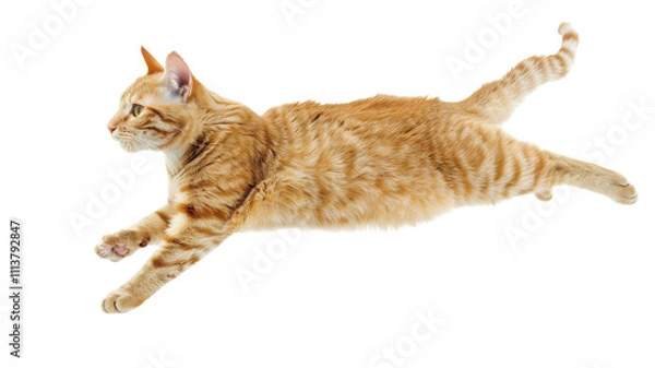 Fototapeta Playful jumping shorthair cat isolated on white background for pet-related projects