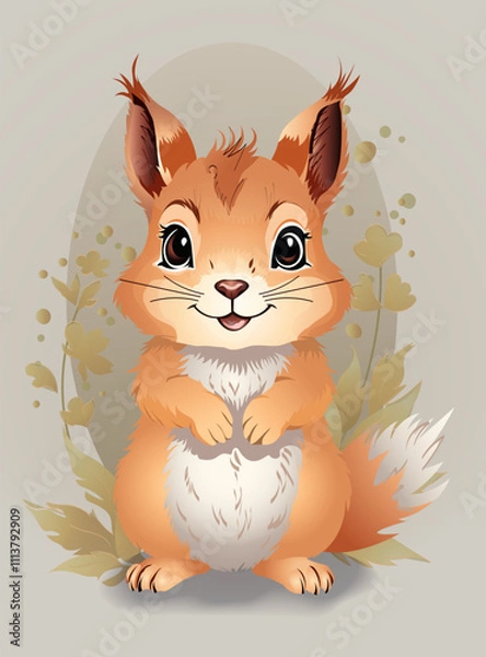Obraz Cute squirrel with splashes of colors and floral ornamentn the light beige background