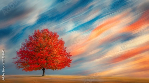 Fototapeta Autumn landscape with a big tree and yellow leaves, 3d rendering, colors flora autumn background, fluffy sprawling tree in field during autumn leaf fall, Autumn tree on blue sky background
