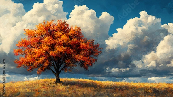 Obraz Autumn landscape with a big tree and yellow leaves, 3d rendering, colors flora autumn background, fluffy sprawling tree in field during autumn leaf fall, Autumn tree on blue sky background

