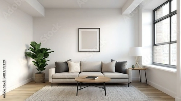 Fototapeta Cozy living room setup modern apartment interior design minimalist style bright atmosphere inviting space for relaxation