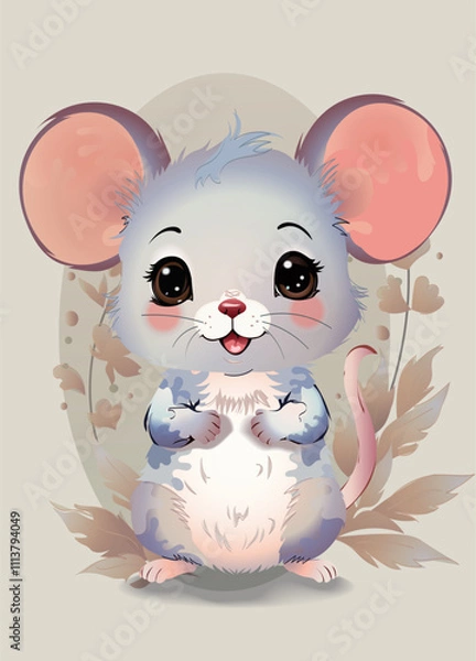 Obraz  Cute mouse with splashes of colors and floral ornament the light beige background