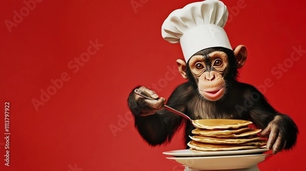 Obraz A chimpanzee in a chef's hat eats pancakes.