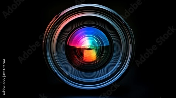 Fototapeta Close up photo of a camera lens with a rainbow reflection.