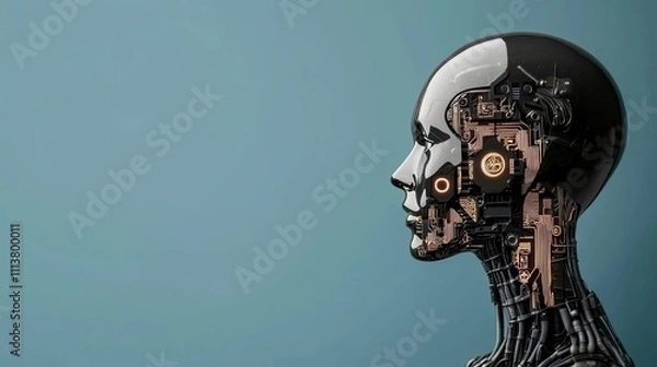 Fototapeta A futuristic robotic head showcasing intricate circuitry, symbolizing the fusion of technology and humanity in artificial intelligence.