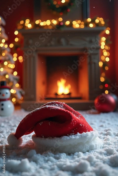 Obraz 暖炉、サンタの帽子、クリスマスツリー