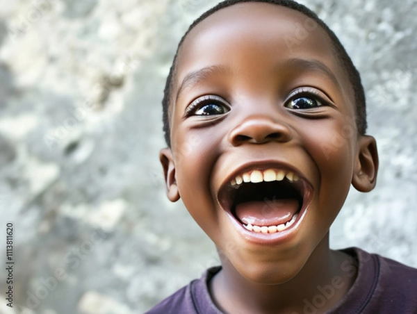 Fototapeta A young african boy beams with delight, showcasing a broad smile that reveals his charming teeth. His eyes sparkle with joy, reflecting a carefree moment of childhood bliss. Generative AI